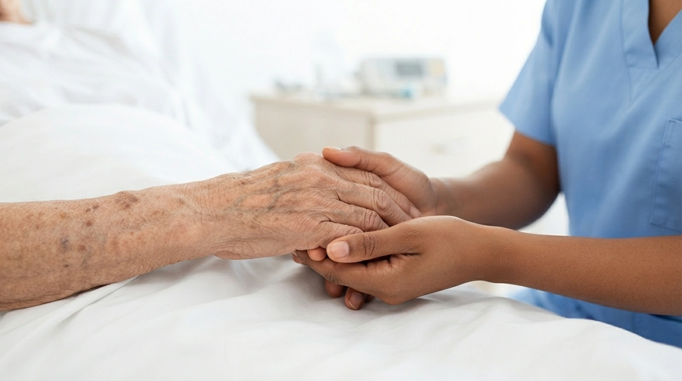 A carer holding a resident's hand