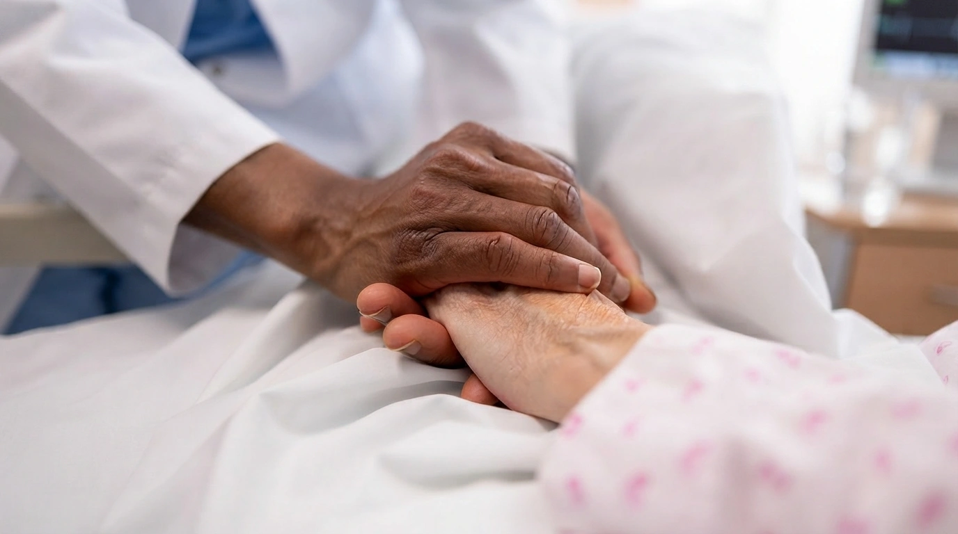 Carer holding a resident's hand